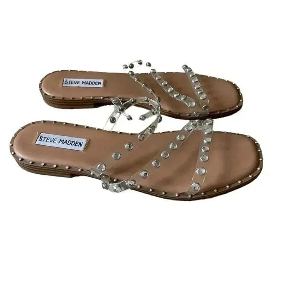 Steve Madden Skyler Clear Pearl Pyramid Studded Slip On Square Toe Sandal SZ 8 - Picture 5 of 7